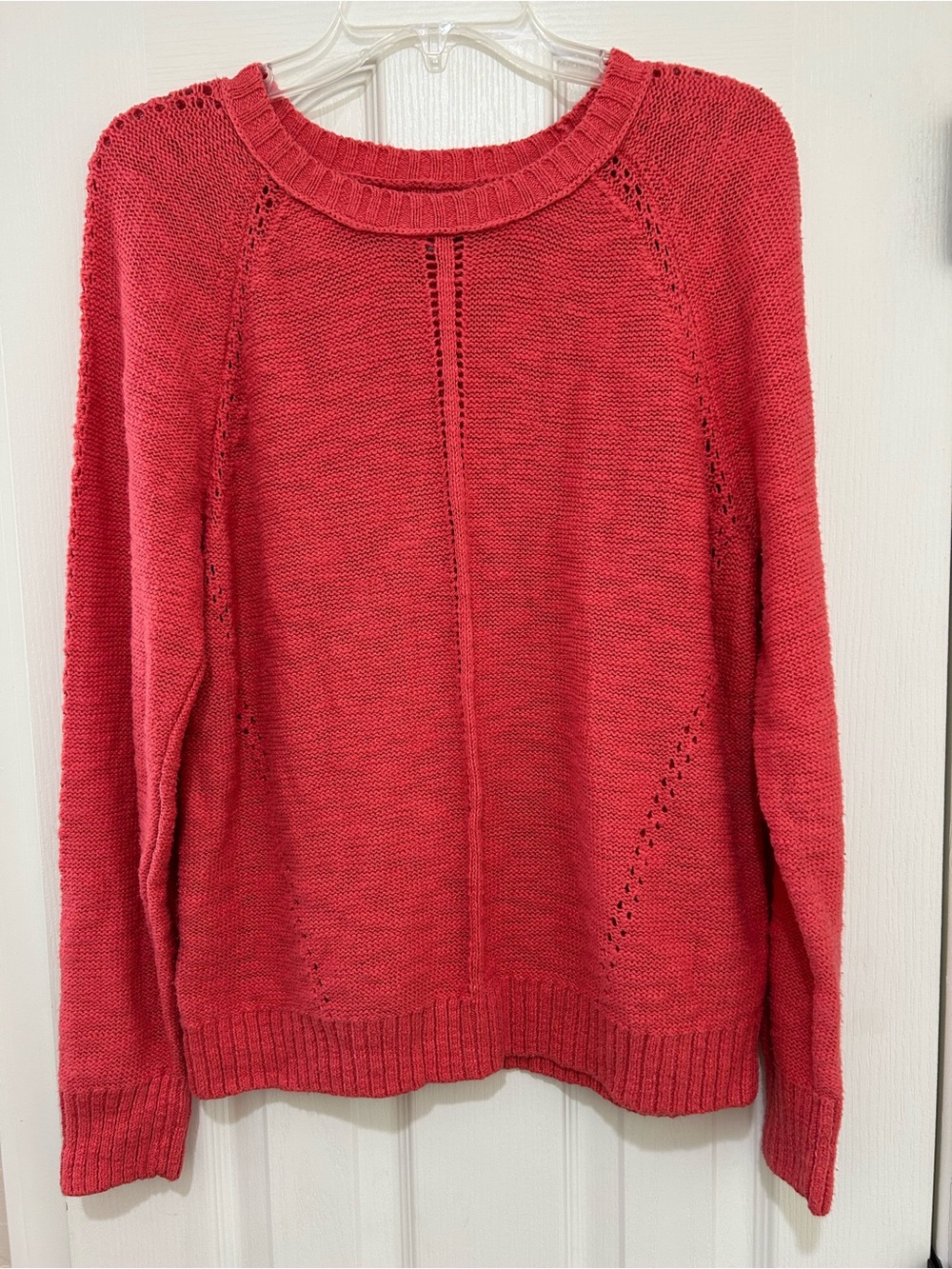 LOFT Coral Red Open-Stitch Crewneck Sweater
